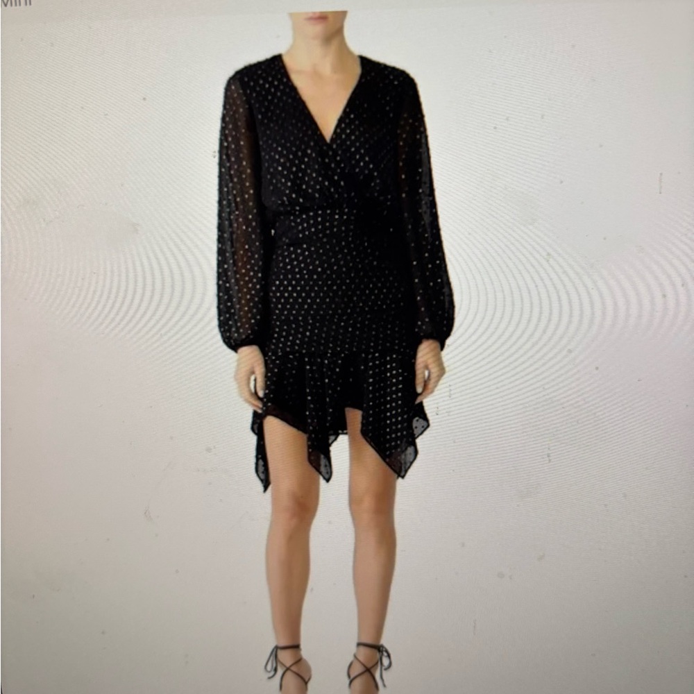 HANEY TAVI POLKA DOT SHEATH DRESS FLOUNCED HEM  CHIFFON LINED BLACK AND GOLD 10